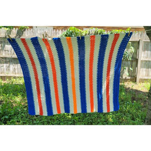 Vintage Afghan Striped Orange Red White Blue Crochet Throw Blanket 50" x 38"